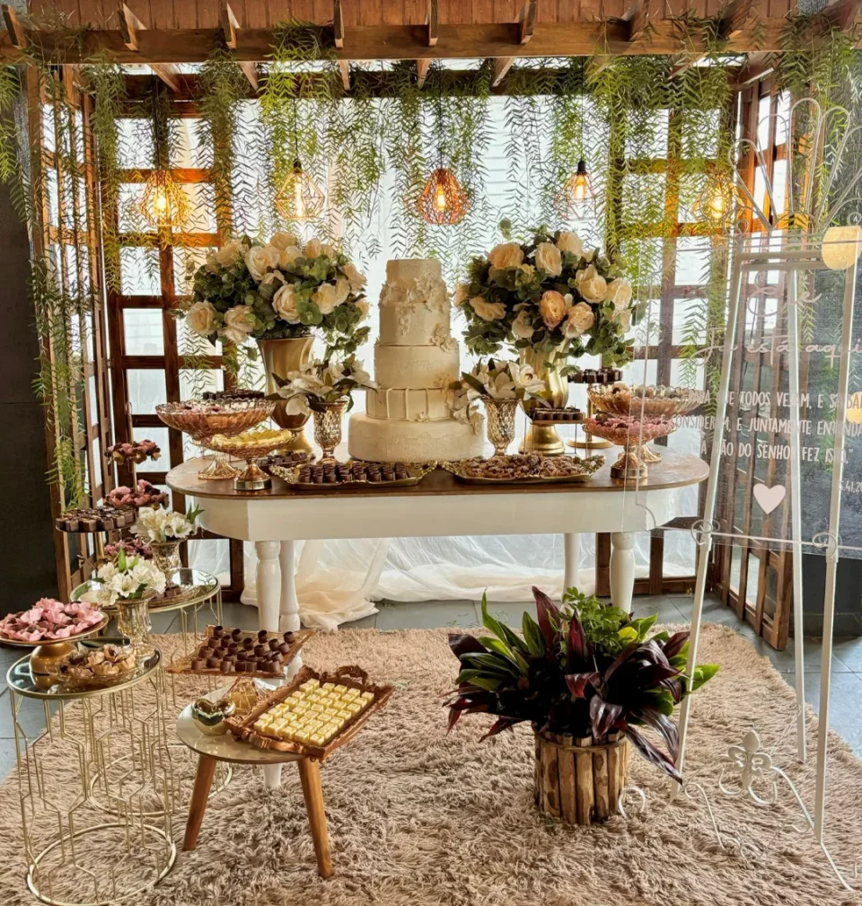 Mesa de bolo decorada com flores no salão de eventos